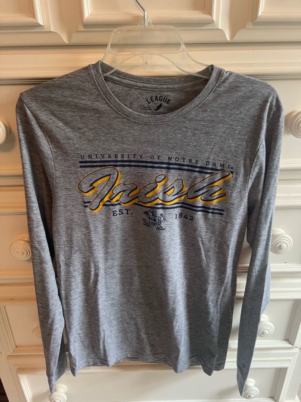 League Notre Dame Gray Long Sleeve Shirt with Gold Script